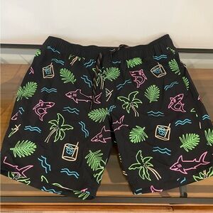 Men’s Black Swim Shorts with Neon Tropical Print